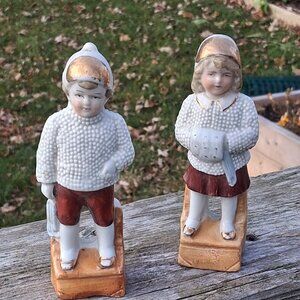 Antique German Porcelain Boy & Girl Snow Babies Nubbly Jackets Figurines 1910's